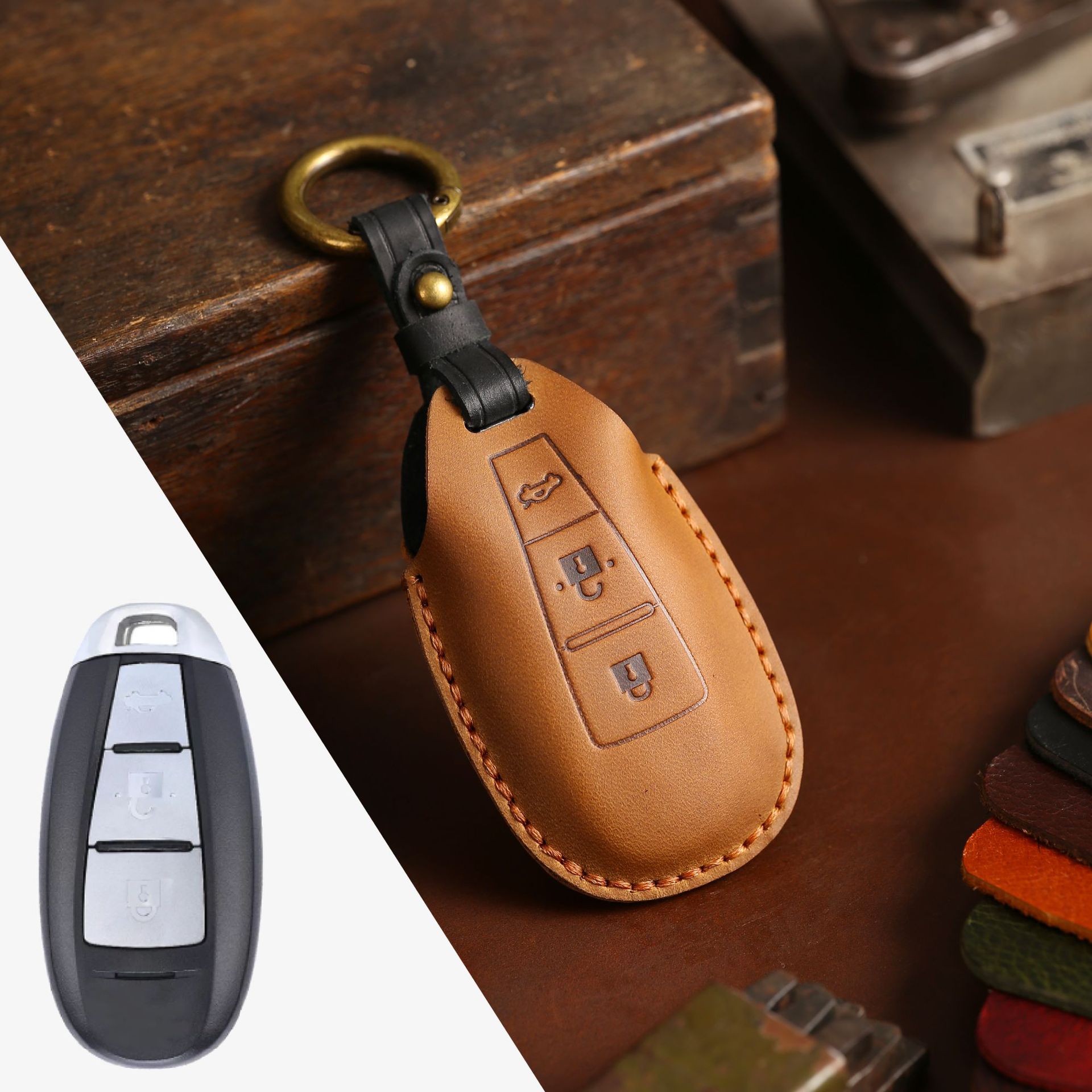 3 Bottons Leather Car Key Case - مراجعة Car Accessories Ertiga وسعره